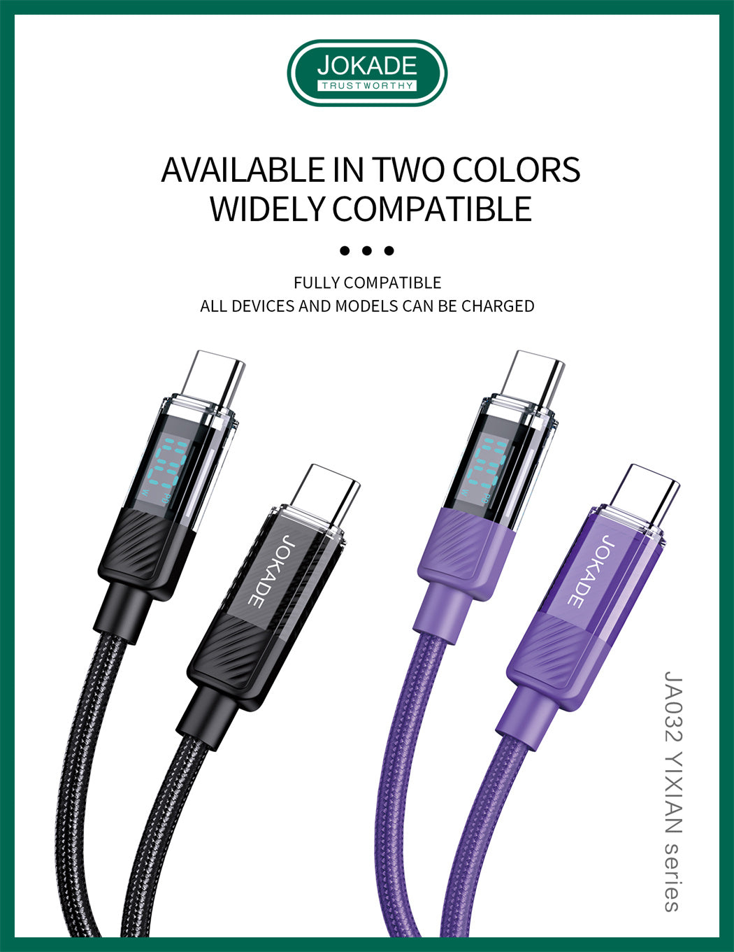 Cablu de date Type-C to Type-C, JOKADE JA032 cu ecran digital inteligent, PD100W