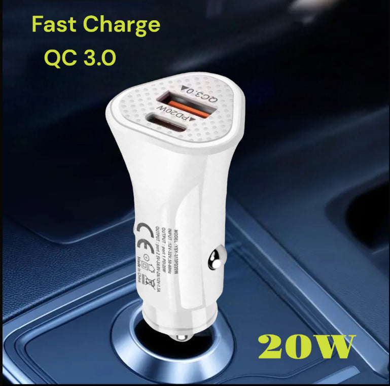 Incarcator Auto Qmax Q-CC01, 20W, Fast Charge, Q.C 3.0A, 1xUSB-A + 1xUSB-C PD, Alb