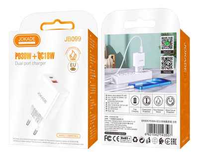Încărcător Rapid Jokade JB099 – 30W PD + QC3.0, Dual Port (USB-C + USB-A)
