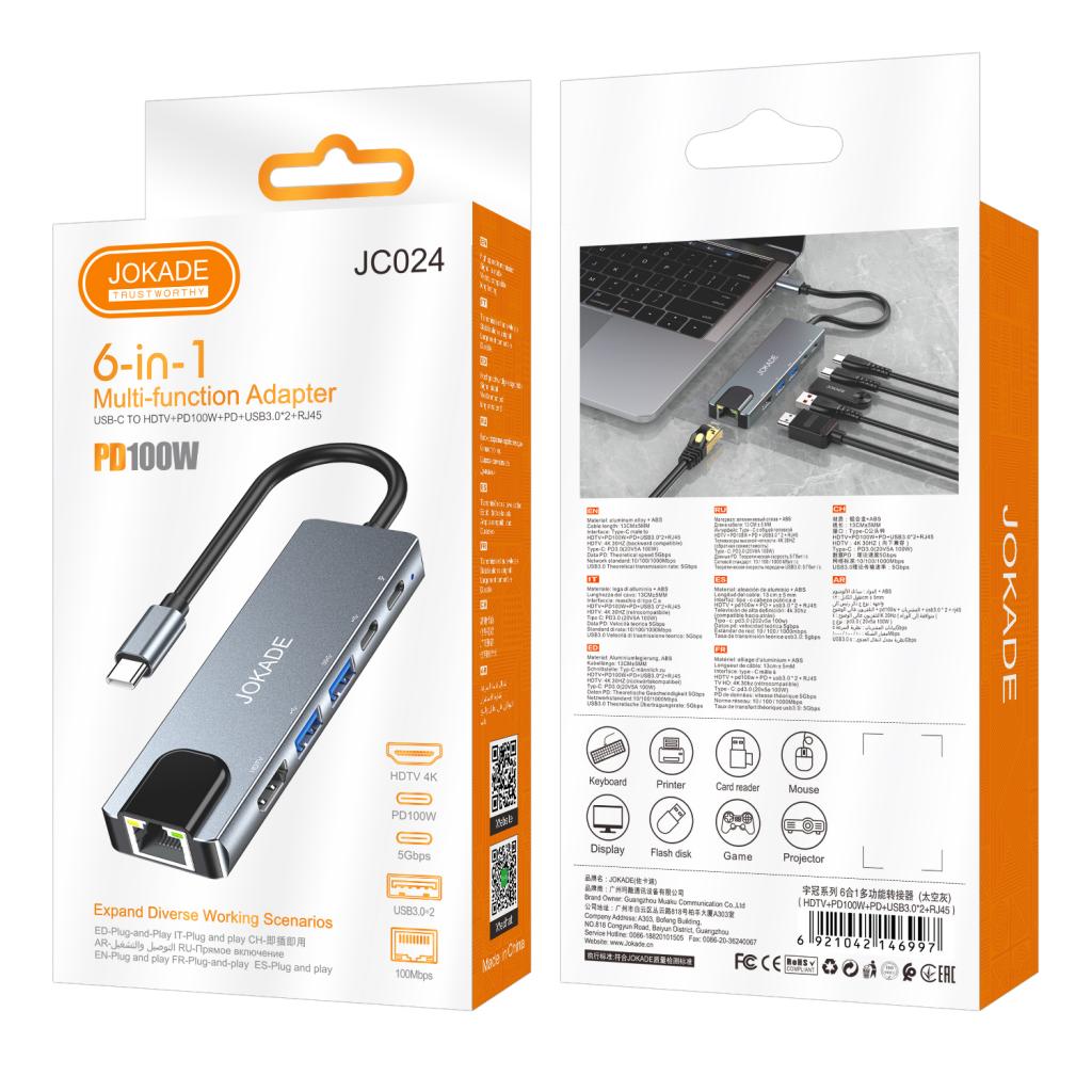 HUB 6 în 1 Jokade JC024 – Tip-C la HDTV PD100W+PD+USB3.0 x2 +RJ45