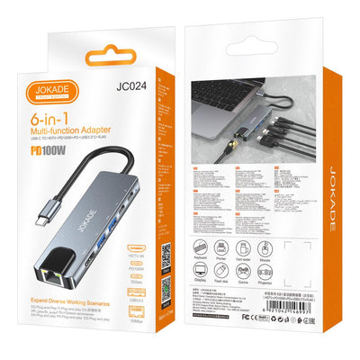 HUB 6 în 1 Jokade JC024 – Tip-C la HDTV PD100W+PD+USB3.0 x2 +RJ45