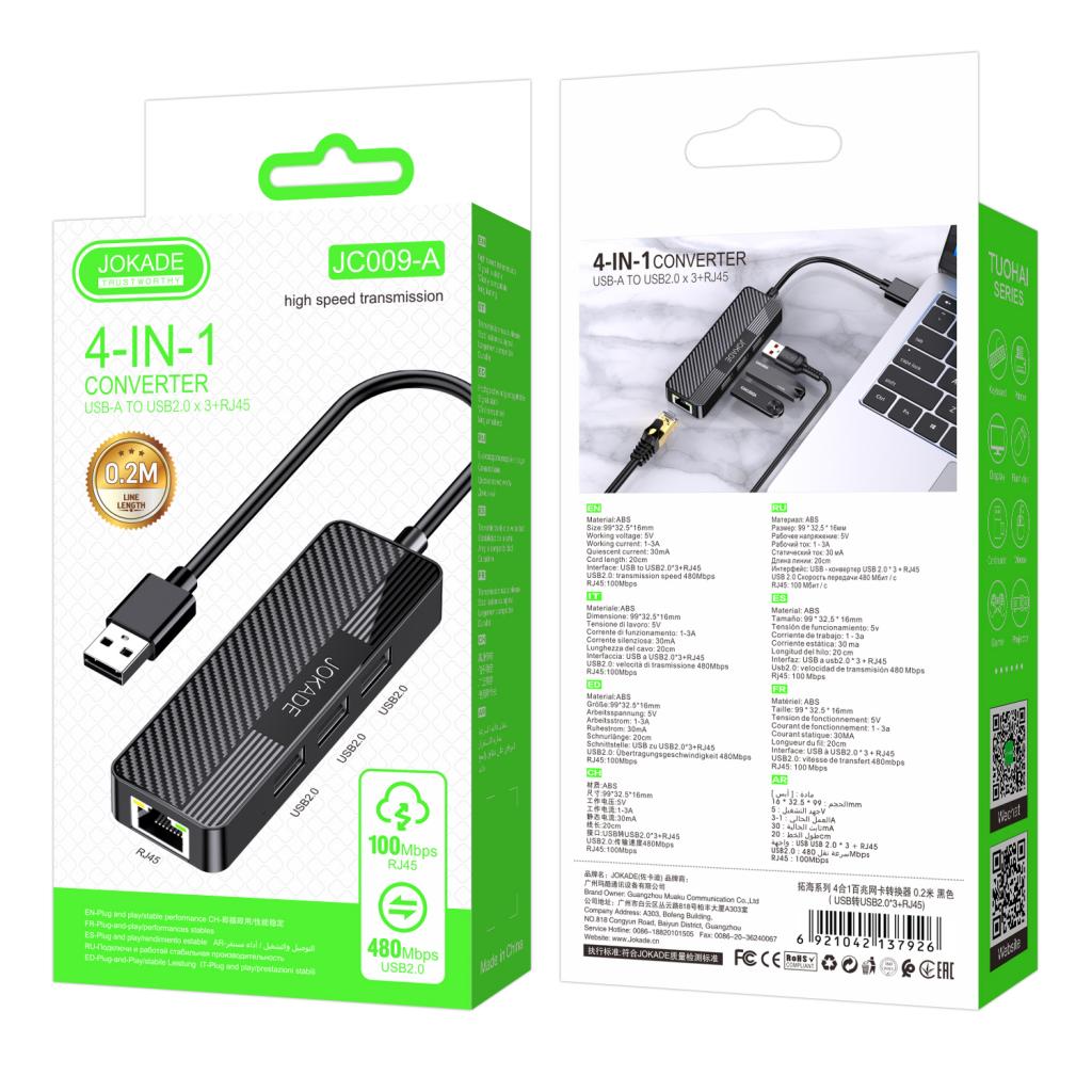 Adaptor Hub Jokade JC009-A 4 în 1 – USB-C la USB2.0 x3 + RJ45 (L=0,2M)