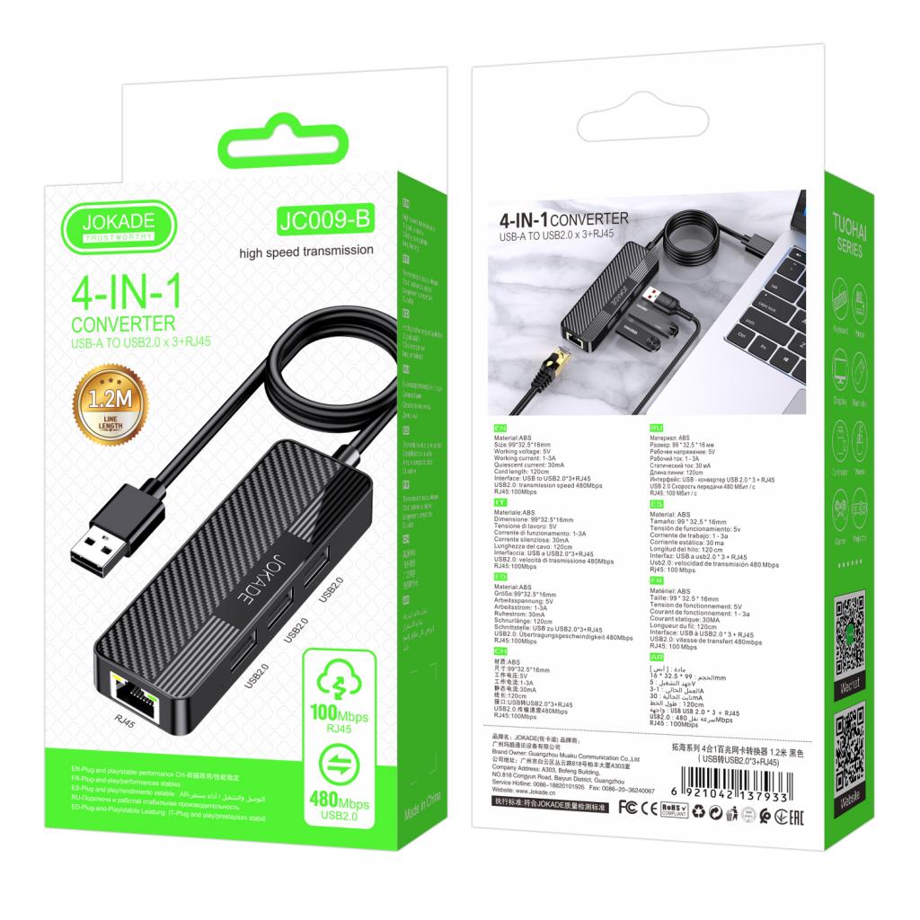 Adaptor Hub Jokade JC009-B 4 în 1 – USB-C la USB2.0 x3 + RJ45 (L=1,2M)