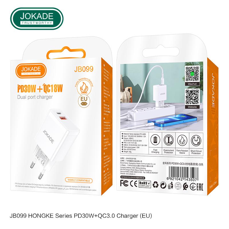 Încărcător Rapid Jokade JB099 – 30W PD + QC3.0, Dual Port (USB-C + USB-A)